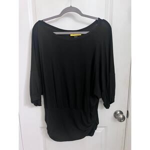 St. John Black Dolman Sleeve Knit Top with Ruched Hem boho Academia Quiet Luxury